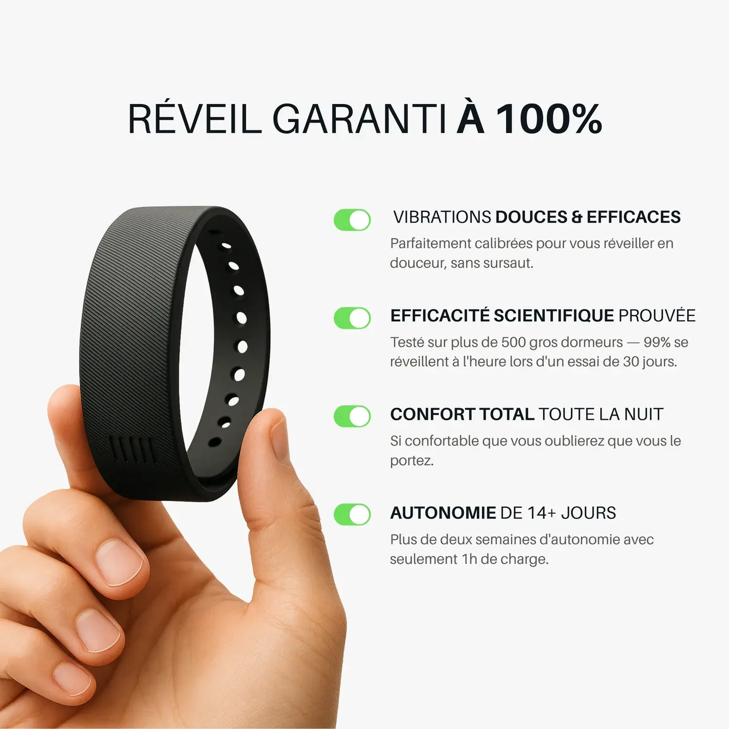 Réveil sans bruit avec bracelet SleepFits™ sur le poignet pendant le sommeil